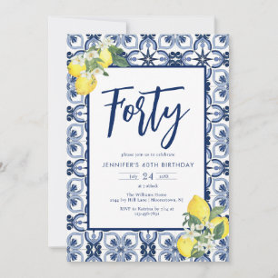Elegant Any Year Lemon Mediterranean Tile Birthday Inbjudningar