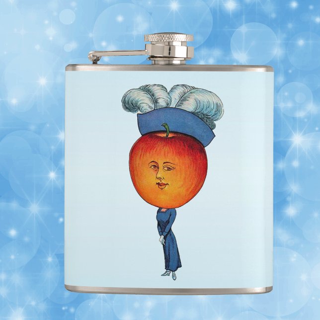 Elegant äppelhuvud dam fjäder hatt fickplunta (Anthropormorphic apple head lady fancy blue dress feathered hat on light blue drinking flask.)