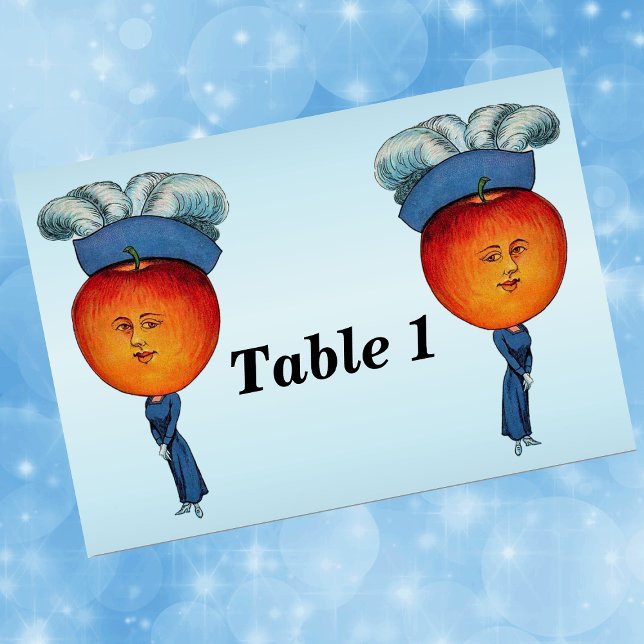Elegant Apple Head Dam Feather Hat Bordsnummer (Elegant Lady red Apple head with face fancy blue feather hat on light blue event table number cards.)
