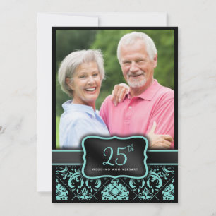 Elegant Aqua Blå och Svart Damask 25-årsjubileum Inbjudningar