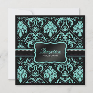 Elegant Aqua Blå och Svart Damask Mottagning Endas Inbjudningar