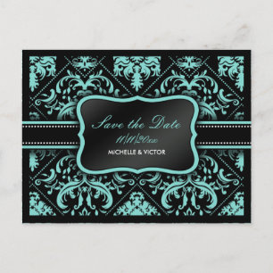 Elegant Aqua Blå och Svart Damask Spara Datum Meddelande Vykort