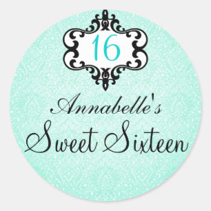 Elegant Aqua & Black Chic Damask Sweet 16 dekal Runt Klistermärke