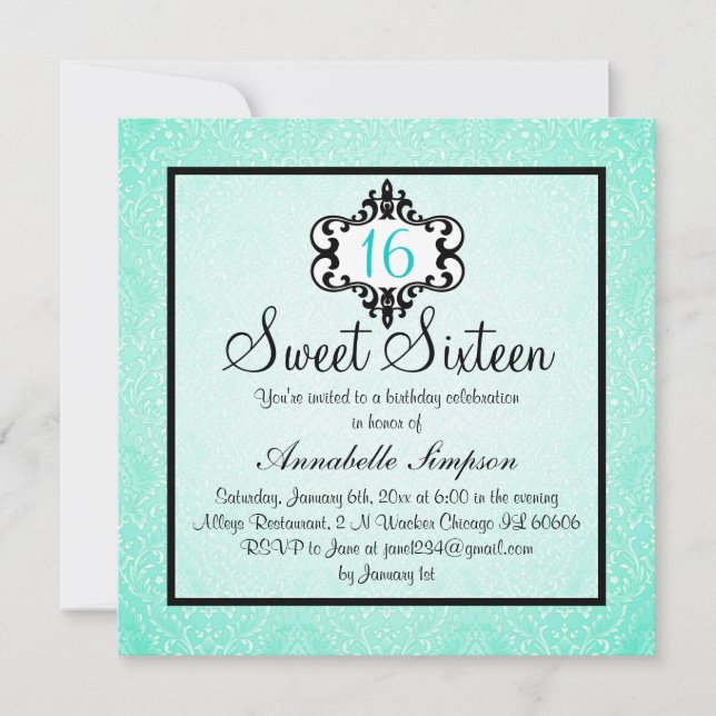 Elegant Aqua & Black Chic Damask Sweet 16 Inbjudan (Framsida)