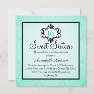 Elegant Aqua & Black Chic Damask Sweet 16 Inbjudan