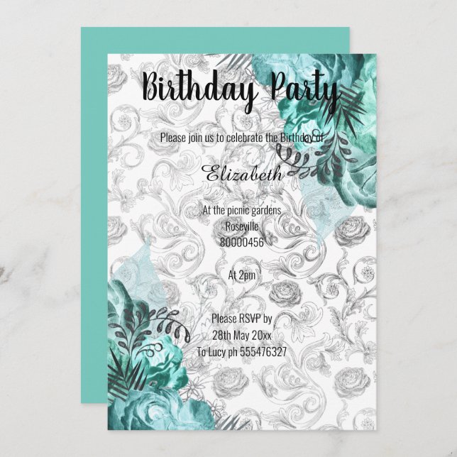 ELEGANT AQUA BLACK WHITE BLOMMIGT BIRTHDAY INBJUDNINGAR (Fram/baksida)