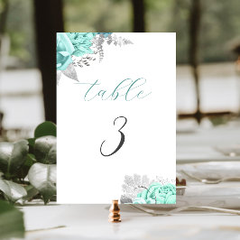 Elegant Aqua Blommig Silver Bröllop Bordsnummer
