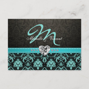 Elegant Aqua Blue and Black Damask Monogram OSA Kort