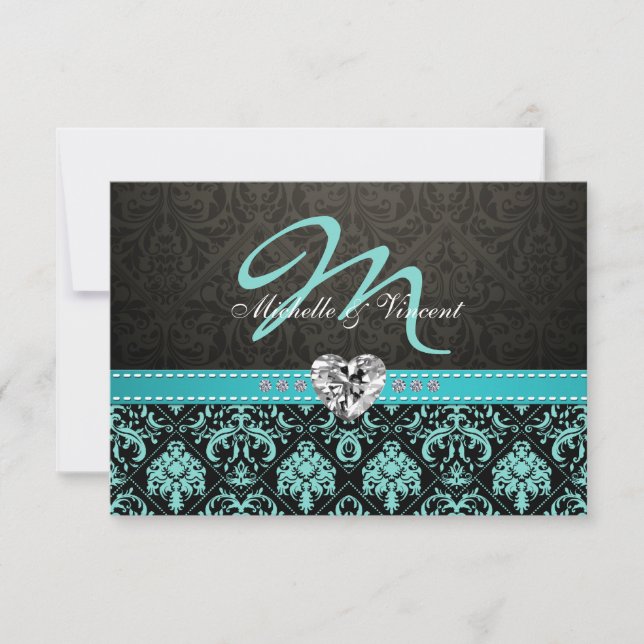 Elegant Aqua Blue and Black Damask Monogram OSA Kort (Framsida)