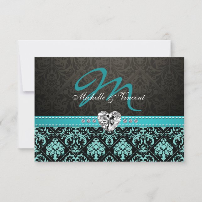 Elegant Aqua Blue and Black Damask Monogram OSA Kort (Framsida)