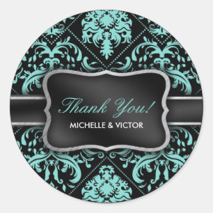 Elegant Aqua Blue and Black Damask Tack Runt Klistermärke