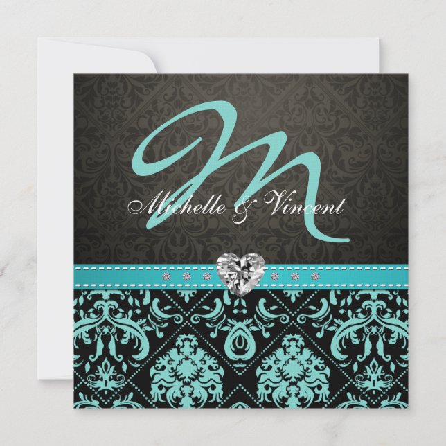 Elegant Aqua Blue/Black Damask Monogram Inbjudning Inbjudningar (Framsida)