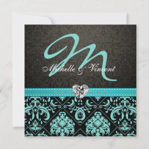 Elegant Aqua Blue/Black Damask Monogram Inbjudning Inbjudningar