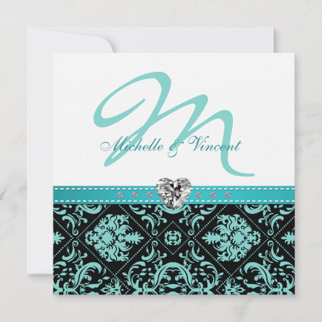 Elegant Aqua Blue/Black Damask Monogram Inbjudning Inbjudningar (Framsida)