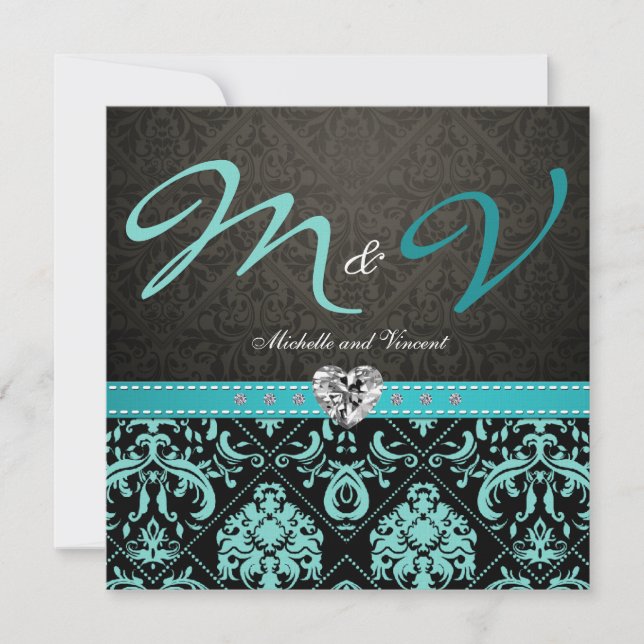 Elegant Aqua Blue/Black Damask Wedding Inbjudnings Inbjudningar (Framsida)