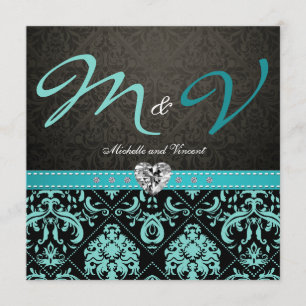 Elegant Aqua Blue/Black Damask Wedding Inbjudnings Inbjudningar