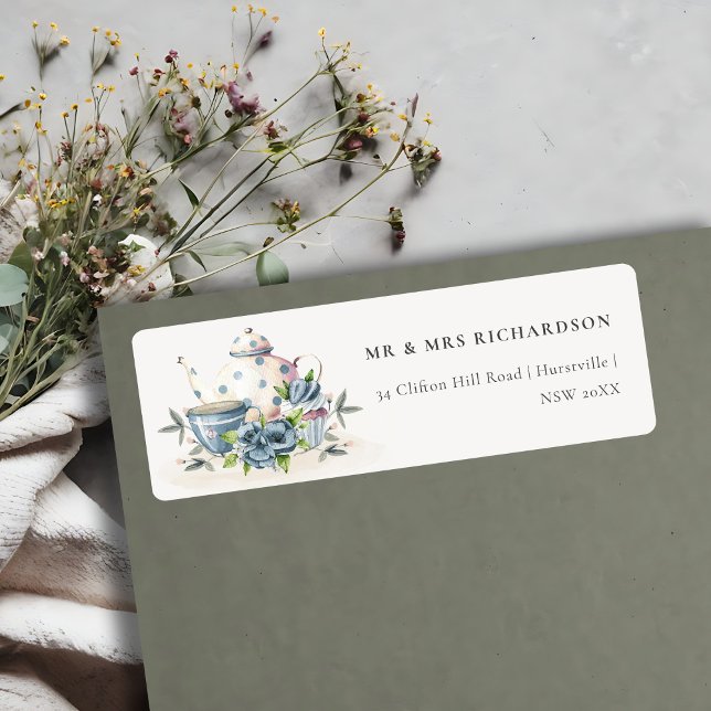 Elegant Aqua Blue blommigt Tekanna Kopp Cake Adres Returadress Etikett (Skapare uppladdad)