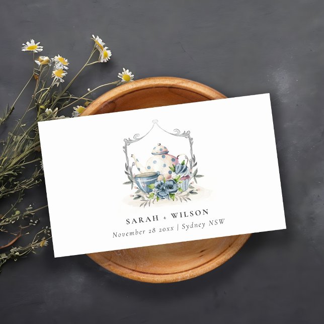 Elegant Aqua Blue blommigt Tekanna Kopp Vapensköld Placeringskort (Skapare uppladdad)