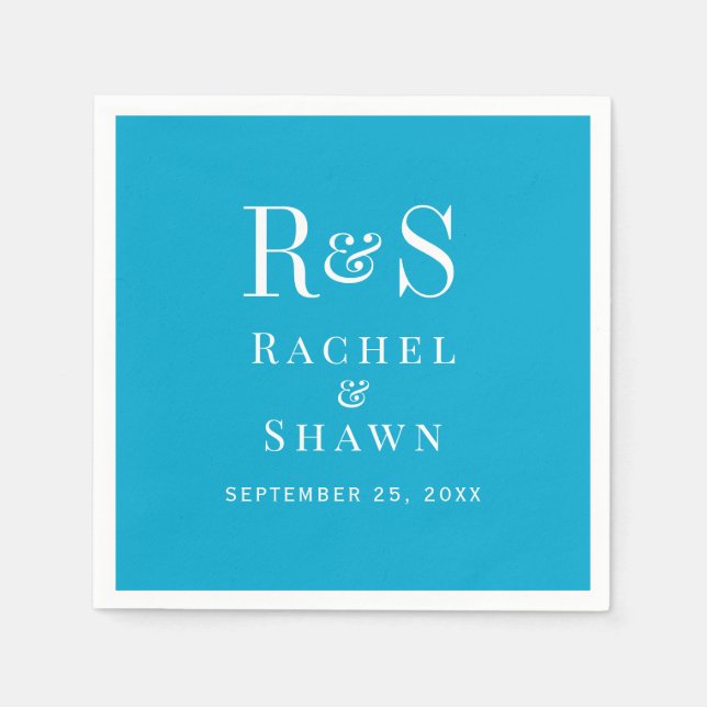 Elegant Aqua Blue Chic Modern Monogram Bröllop Pappersservett (Framsidan)