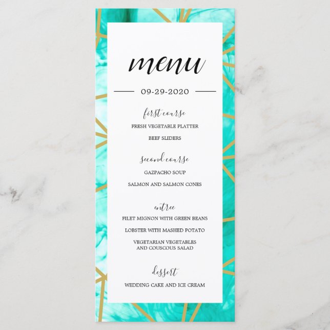 Elegant Aqua Blue Geometric Guld Menu Meny (Framsida)