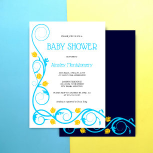 Elegant Aqua Blue Gult Blommigt Swirls Baby Shower Inbjudningar