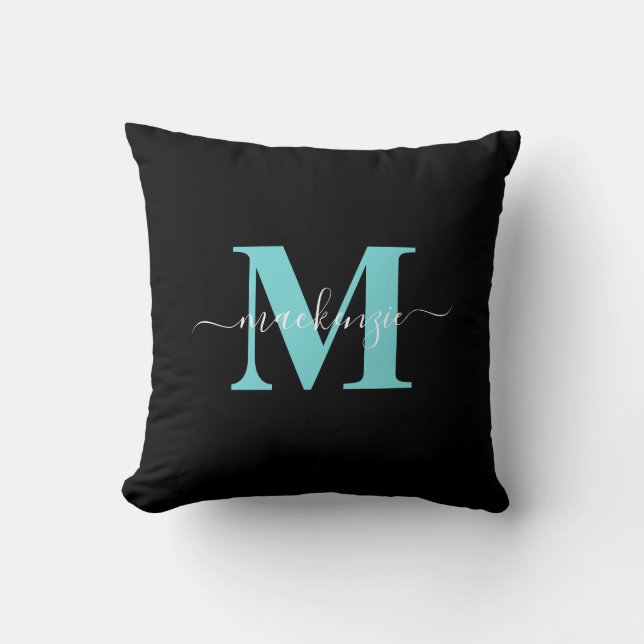 Elegant Aqua Blue Monogram Namn Kudde (Framsida)