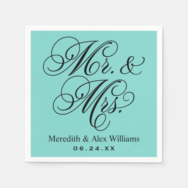 Elegant Aqua Blue Mr. och Mrs. Script Monogram Pappersservett (Framsidan)