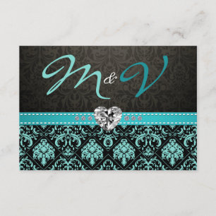 Elegant Aqua Blue och Black Damask med diamanter OSA Kort