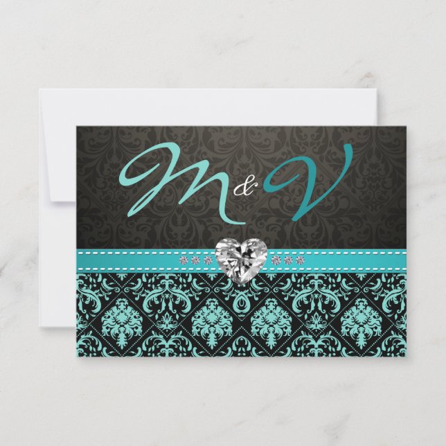 Elegant Aqua Blue och Black Damask med diamanter OSA Kort (Framsida)