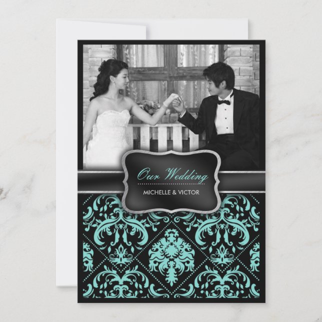 Elegant Aqua Blue och Black Damask Wedding Photo Inbjudningar (Framsida)