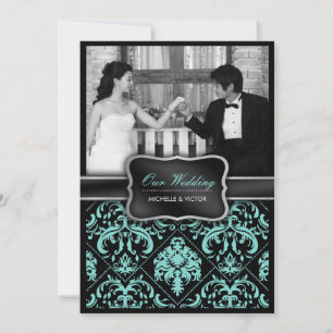 Elegant Aqua Blue och Black Damask Wedding Photo Inbjudningar