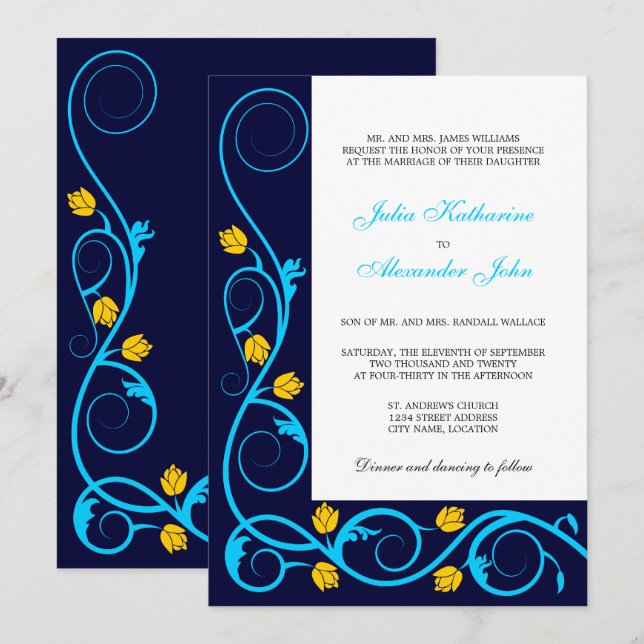 Elegant Aqua Blue och Gult Swirls Inbjudningar (Fram/baksida)