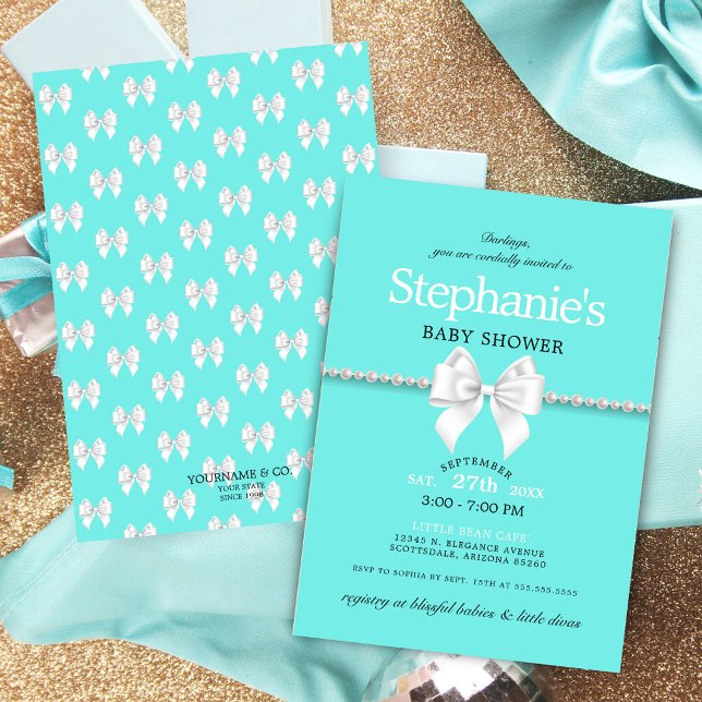 Elegant Aqua Blue White Bow Tiffany Baby Shower Inbjudningar (Elegant aqua blue teal tiffany theme baby shower with pearls white bow and simple typography script)