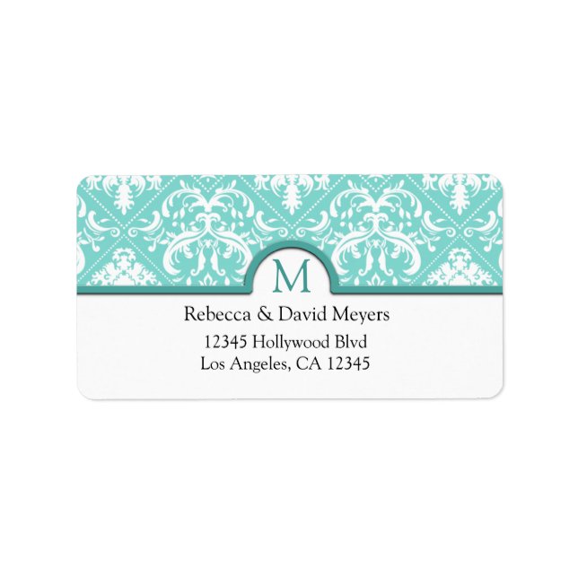 Elegant Aqua Blue & White Damask med Monogram Adressetikett (Framsidan)