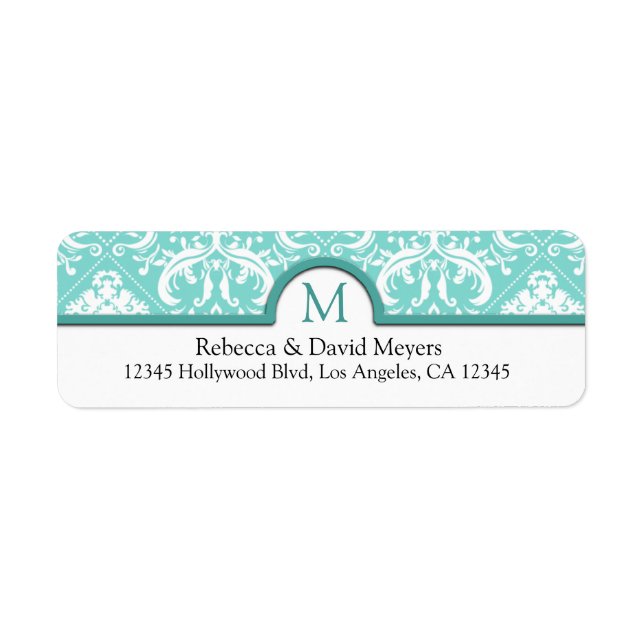 Elegant Aqua Blue & White Damask med Monogram Returadress Etikett (Framsidan)