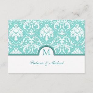 Elegant Aqua Blue & White Damask Monogram OSA Kort