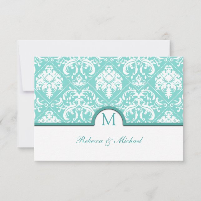 Elegant Aqua Blue & White Damask Monogram OSA Kort (Framsida)