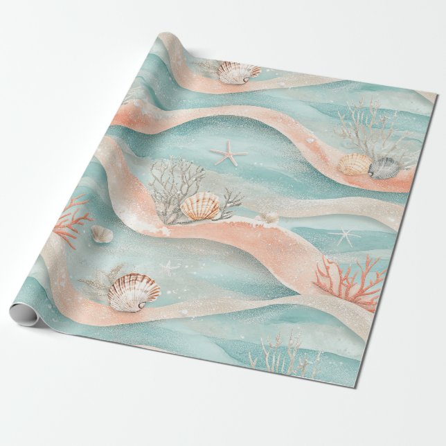 Elegant Aqua Coral Havsmönster Presentpapper (Utrullad)