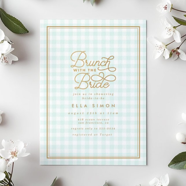 Elegant Aqua Gingham Guld Möhippa Brunch Inbjudningar (Skapare uppladdad)