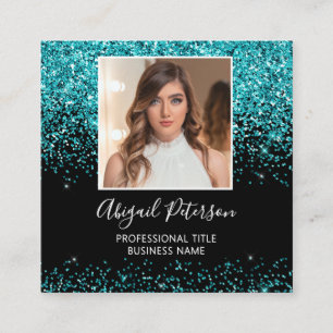 Elegant Aqua Glitter Foto QR-kod Svart Fyrkantigt Visitkort