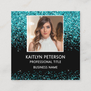 Elegant Aqua Glitter Foto QR-kod Svart Fyrkantigt Visitkort