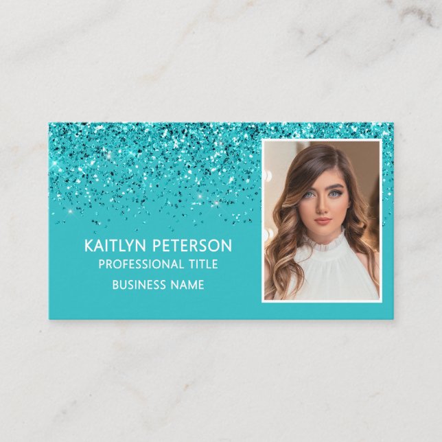 Elegant Aqua Glitter Foto QR-kod  Visitkort (Framsida)