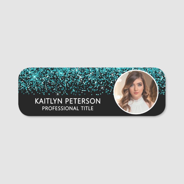Elegant Aqua Glitter Magnetic Employee Photo ID  Namnbricka (Framsida)