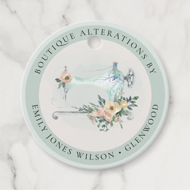 Elegant Aqua Grått Sewing Maskin Blommigt Tailor Gåvor Etiketter (Framsida)