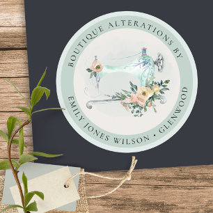 Elegant Aqua Grått Sewing Maskin Blommigt Tailor Runt Klistermärke