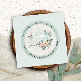 Elegant Aqua Grått Sewing Maskin Blommigt Tailor S Fyrkantigt Visitkort