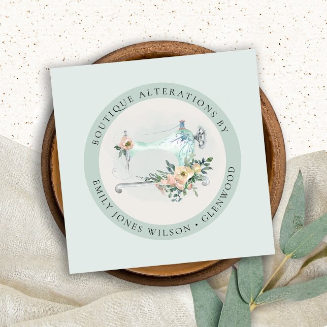 Elegant Aqua Grått Sewing Maskin Blommigt Tailor S Fyrkantigt Visitkort (Skapare uppladdad)