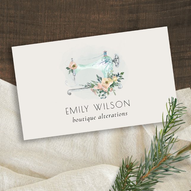 Elegant Aqua Grått Sewing Maskin Blommigt Tailor Visitkort (Skapare uppladdad)