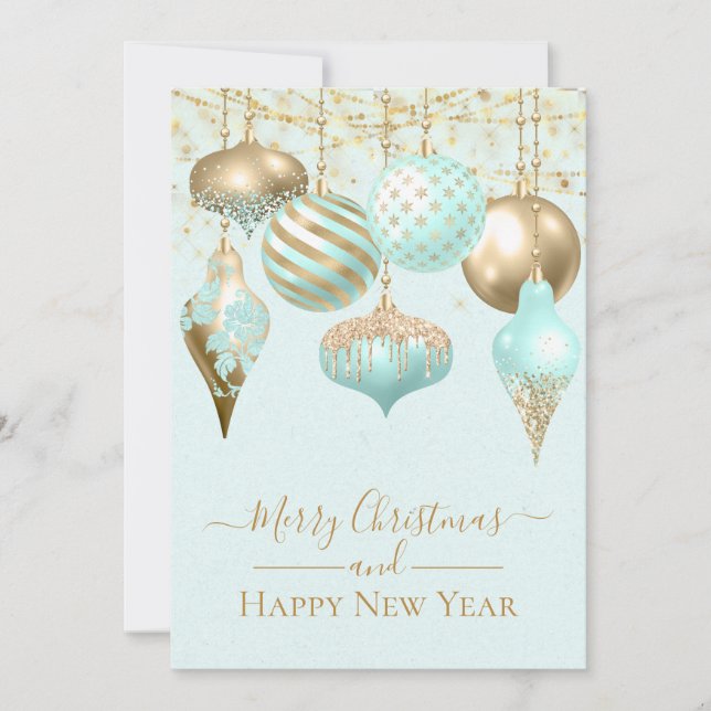 Elegant Aqua Guld Ornaments God jul Card (Framsida)