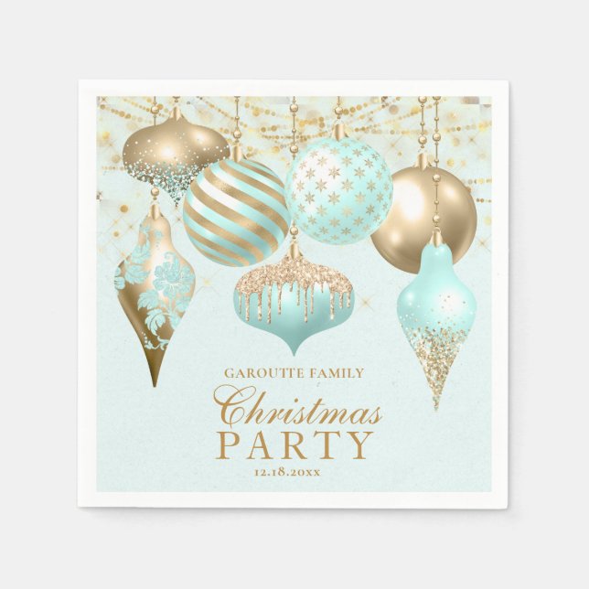 Elegant Aqua Guld Ornaments jul Party Pappersservett (Framsidan)
